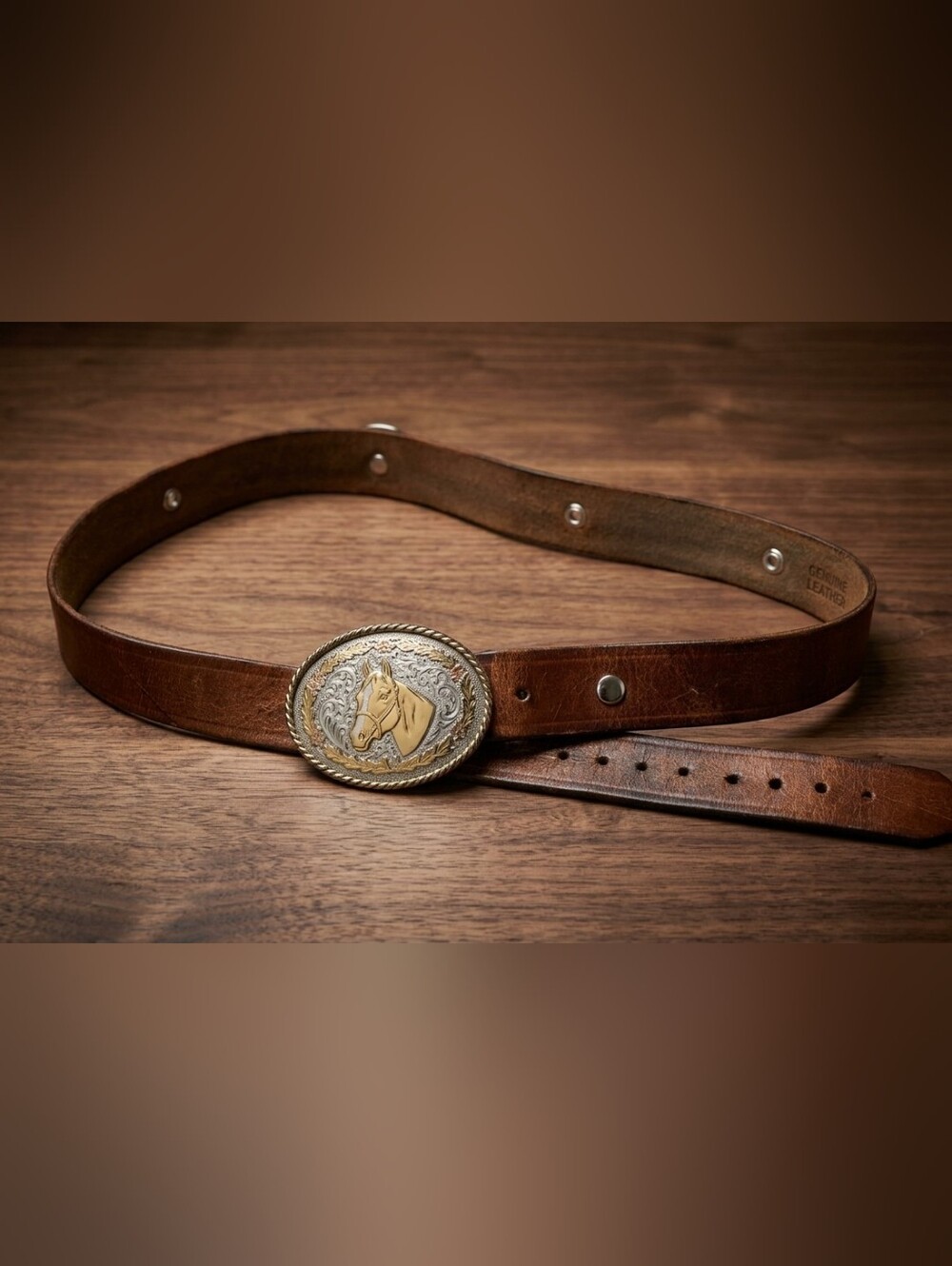 Western Horse Buckle Leather Belt - Brown & Gold